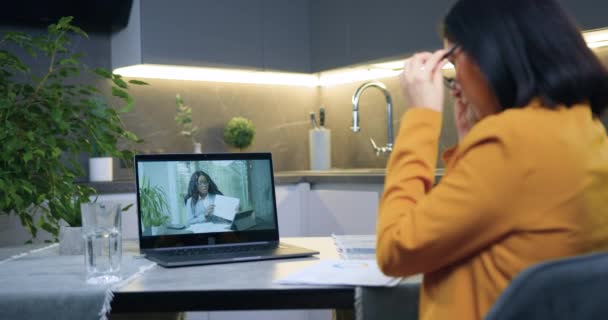 Bonita confiante experiente adulto mulher de negócios moderna sentado em casa na frente do laptop durante reunião de vídeo com parceiro feminino afro-americano dentro do projeto de negócio conjunto, distantemente negócios — Vídeo de Stock