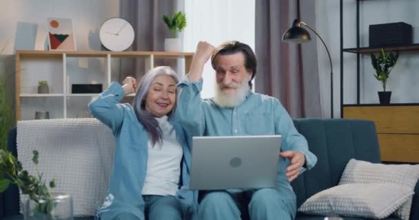 Közelkép a túlfűtött idős pár ünnepli győzelem online ajándékozás felemelt kézzel, amikor ül a puha kanapén otthon, siker és diadal koncepció — Stock videók