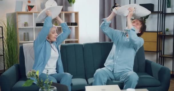 Närbild av roliga glada glada gamla par som sitter på bekväm soffa hemma och slåss med kuddar under gemensam fritid — Stockvideo