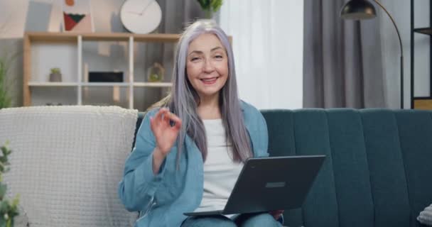 Mooie glimlachende vrolijke zorgeloze volwassen vrouw met lang grijs haar zittend op de bank voor de camera en gebaar teken ok, slow motion — Stockvideo