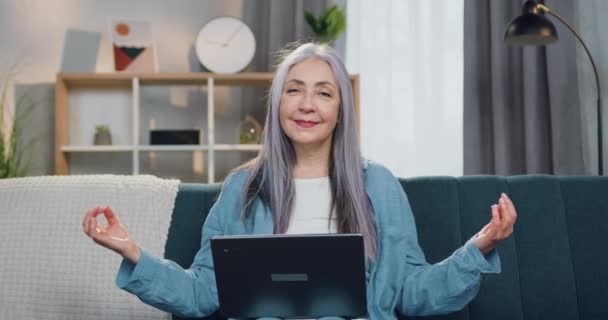 Portret van goed uitziende glimlachende vrolijke volwassen dame die zit op de zachte bank in zen pose en kijkt in de camera met tevreden gezicht uitdrukking — Stockvideo