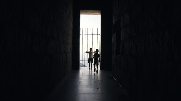 Vista trasera de dos niños de 5-7 años al final del túnel sobre el fondo de una hermosa montaña de luz del día — Vídeos de Stock