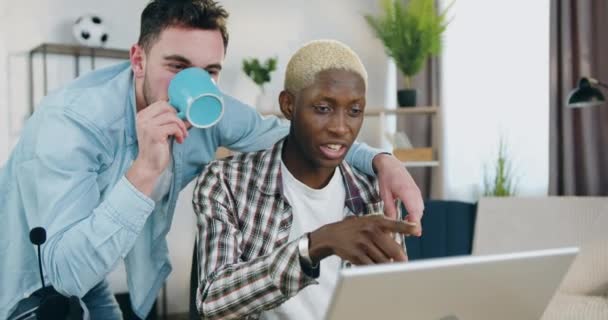 Relationship between people with unconventional sexual orientation where happy smiling young mixed race gays talking with each other while applying laptop at home — ストック動画