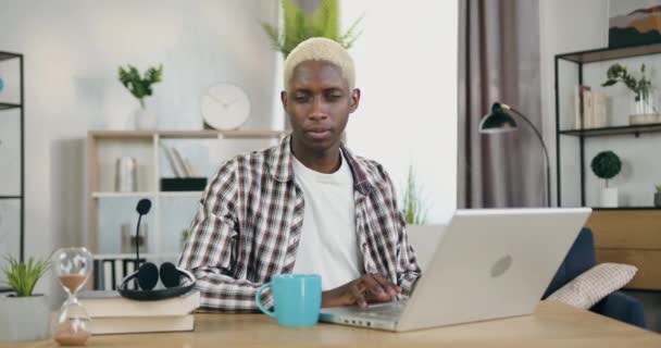 Gros plan de mignon positif détendu afro-américain gay avec des cheveux blonds et l'expression du visage spécifique qui regarde dans la caméra tout en étant assis à son lieu de travail à la maison — Video