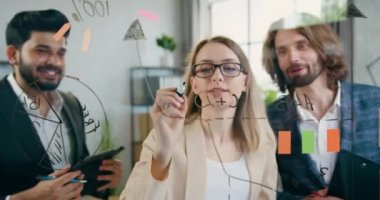 Modern ofisteki yeni bir başlangıç projesi için erkek arkadaşlarıyla birlikte çalışırken cam duvara işaretler yazan güzel, açık renk saçlı kadın.