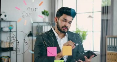 Yaratıcılık konsepti. Güzel görünümlü, yaratıcı, yaratıcı sakallı bir adamın projeye başlamak için yeni fikirler üretmesi ve cam duvardan kameraya bakması.