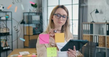 Projeyi başlatmak için yeni fikirler üretirken cam levhanın yanında duran ve tablet bilgisayardan veri yazan konsantre yaratıcı deneyimli kadın portresi