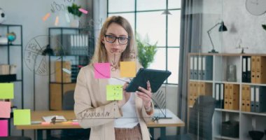 Modern ofis odasındaki cam duvara grafikler çizerken şirket planının beyin fırtınası yaparken oldukça düşünceli profesyonel bir kadın yaratıcı.