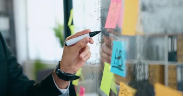 Vue latérale de la main masculine qui tient le marqueur noir et fait des notes sur le mur de verre lors de la création d'un nouveau projet de démarrage, au ralenti — Video