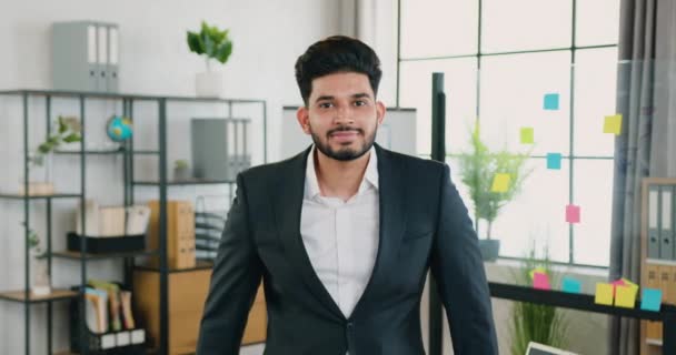 Attractive positive confident successful young bearded businessman standing with crossed arms in front of camera in beautifully decorated office room at daytime — Stock Video