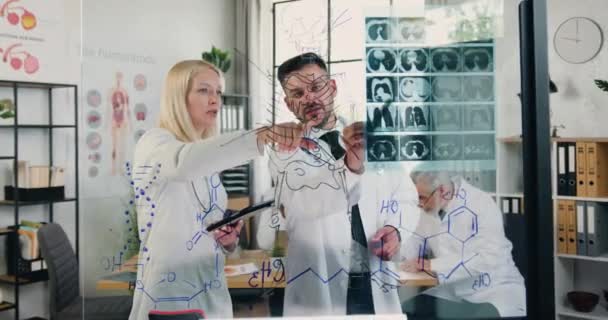 Attractive high-skilled successful male and female doctors working together in medical lab with patients x-ray scan comparing with schematically depicted skeleton on glass wall — Stock Video