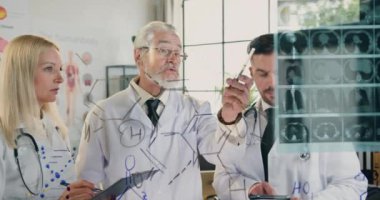 Tıbbi laboratuardaki hastaların röntgen sonuçlarını incelerken tıbbi konseyi erkek ve kadın astlarıyla bir arada tutan saygıdeğer deneyimli sakallı ana doktor.