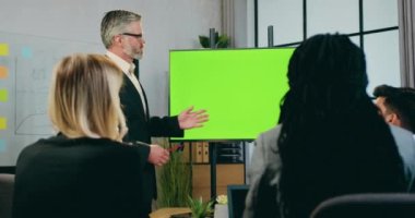Sevimli, kendine güvenen, 50 yaşında sakallı bir iş adamının başarılı bir karma ırk ekibi için yeşil ekranda sunum yaptığı iş konsepti.