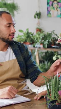 Küçük parlak çiçekçide dizüstü bilgisayar kullanan, daktilo yazan ve envanter çıkaran Afrikalı Amerikalı bir çiçekçi. Önlüklü kadın çalışan erkek meslektaşımla konuşuyor. Çiçekçi adam çiçekleri kontrol ediyor ve sonuçları not defterine kaydediyor. Aile işi konsepti. Yavaş