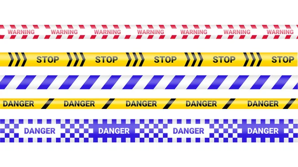 Police tape, crime danger line. Caution police lines isolated. Warning barricade tapes. Set of warning ribbons. Vector illustration on white background. — Stock Vector