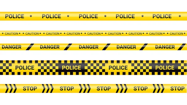 Police tape, crime danger line. Caution police lines isolated. Warning and barricade tapes. Set of yellow warning ribbons. Vector illustration. — Stock Vector