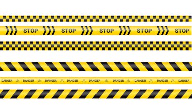 Polis bandı, suç tehlikesi hattı. Dikkat polis hatları izole edildi. Uyarı ve barikat kasetleri. Sarı uyarı kurdeleleri. Vektör illüstrasyonu.