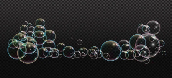 Badschuim zeep met neon bellen geïsoleerde vector illustratie op transparante achtergrond. Kleurrijke wolk van blaasbellen en zeepschuim. — Stockvector