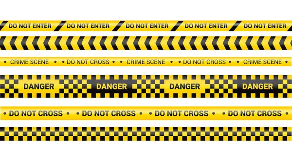 Ruban de police, ligne de danger criminel. Attention les lignes de police isolées. Des bandes d'avertissement et de barricade. Ensemble de rubans d'avertissement jaunes. Illustration vectorielle. — Image vectorielle