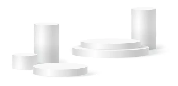 Cilindro cena pódio, pedestal vencedor. Modelo de cilindro branco para cena de pódio showroom. Vetor pedestal branco para apresentação do produto. —  Vetores de Stock