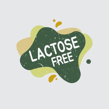 Laktozsuz ikon. Yiyecek rozetinde sağlıklı süt ürünleri için laktoz etiketi yok. Paketleme tasarımı, kafe, restoran rozetleri, etiketleri için vektör işaretleri.