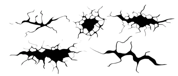 Incrinature a terra impostate. Terremoto e fessure di terra, effetto foro, craquelure e struttura della parete danneggiata. Illustrazioni vettoriali terremoto, incidente, distruzione. — Vettoriale Stock