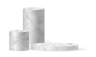 Mermer silindir podyum sahnesi, kazanan kaide. Gösteri salonu podyumu için beyaz mermer silindir şablonu. Ürün sunumu için vektör beyaz temel.