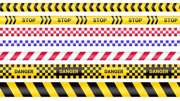 Police tape, crime danger line. Caution police lines isolated. Warning barricade tapes. Set of warning ribbons. Vector illustration on white background. — Stock Vector
