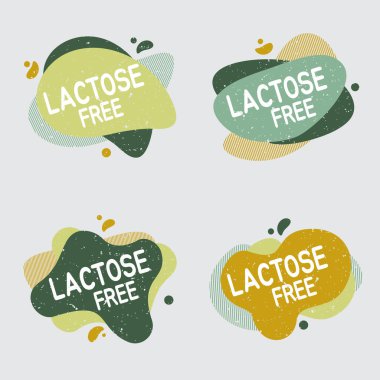 Laktozsuz ikon seti. Yiyecek rozetinde sağlıklı süt ürünleri için laktoz etiketi yok. Paketleme tasarımı, kafe, restoran rozetleri, etiketleri için vektör işaretleri.