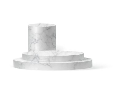 Mermer silindir podyum sahnesi, kazanan kaide. Gösteri salonu podyumu için beyaz mermer silindir şablonu. Ürün sunumu için vektör beyaz temel.