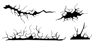 Zemin çatlakları ayarlandı. Deprem ve zemin çatlakları, delik etkisi, Craquelure ve hasarlı duvar dokusu. Vektör illüstrasyonları deprem, kaza, yıkım
