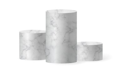 Mermer silindir podyum sahnesi, kazanan kaide. Gösteri salonu podyumu için beyaz mermer silindir şablonu. Ürün sunumu için vektör beyaz temel