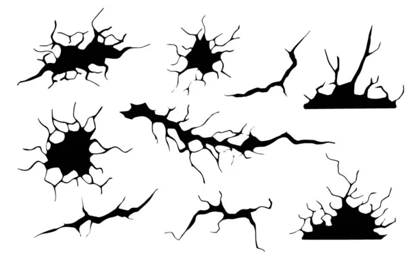 Zemin çatlakları ayarlandı. Deprem ve zemin çatlakları, delik etkisi, Craquelure ve hasarlı duvar dokusu. Vektör illüstrasyonları deprem, kaza, yıkım