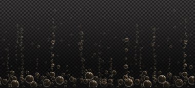 Altın köpükler. Parıltılı şampanya. Fizzy pop ve coşkulu içki. Soyut taze soda, hava kabarcıkları, oksijen, şampanya kristali. Siyah şeffaf arkaplanda vektör illüstrasyonu.