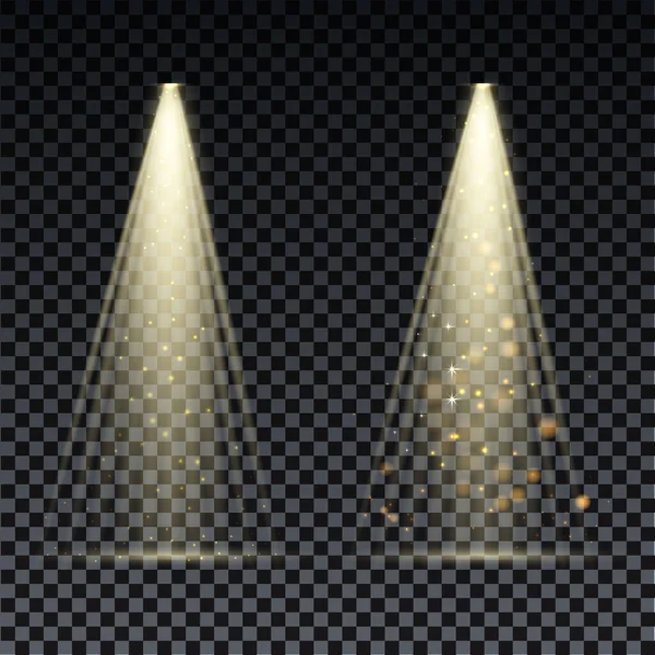 Gold im Scheinwerferlicht. Helle Beleuchtung mit Scheinwerfern der Bühne auf transparentem Hintergrund. — Stockvektor