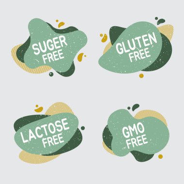 Alerjisi olmayan rozetler. Laktoz, glüten, şeker ve GDO 'suz. Alerji belirtileri ambalaj tasarımı, kafe, restoran rozetleri, etiketler için.