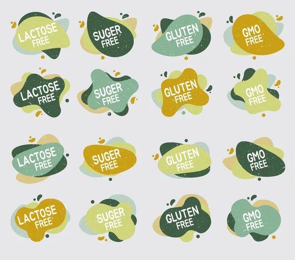 Set de insignias libres de alérgenos. Lactosa, gluten, azúcar y OGM gratis. Signos vectoriales de contenido de alérgenos para el diseño de envases, cafeterías, insignias de restaurantes, etiquetas. — Archivo Imágenes Vectoriales