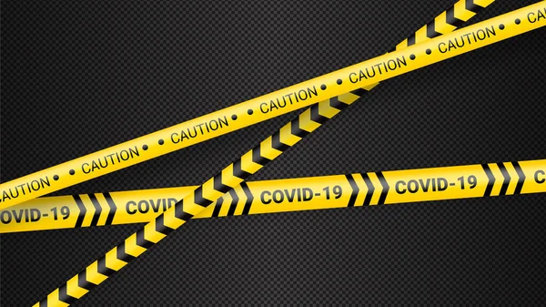 Tehlike bandı karantina altında. Covid 19 ve karantina bölgesi sarı uyarı bandı. Koyu şeffaf arka planda Coronavirus covid tehlike şeridi. Güvenlik uyarısı sarı siyah çizgiler. — Stok Vektör