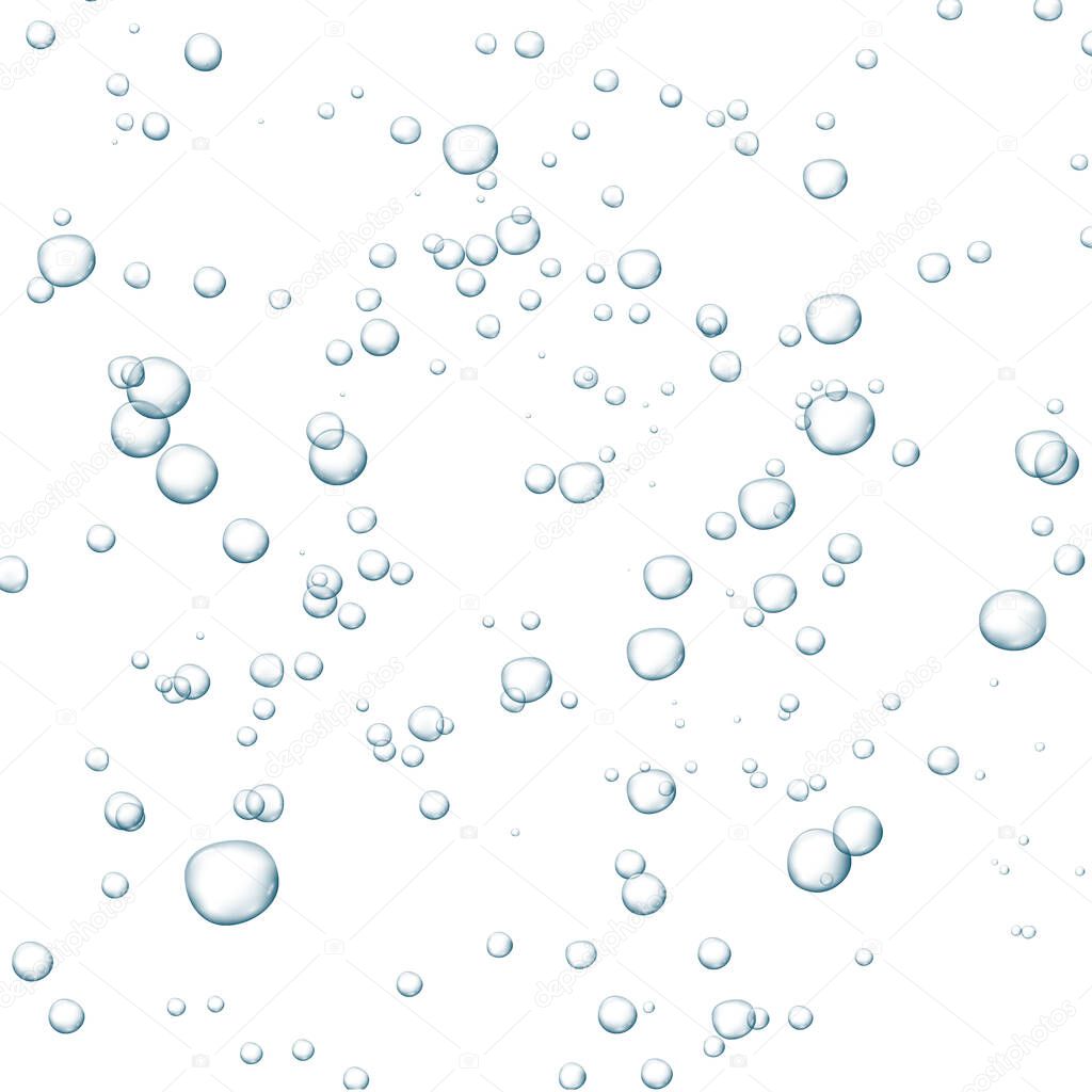 Blue fizzy bubbles. Sparkles underwater stream in water, sea, aquarium. Fizzy pop and effervescent drink. Abstract fresh soda bubbles. Vector illustration.