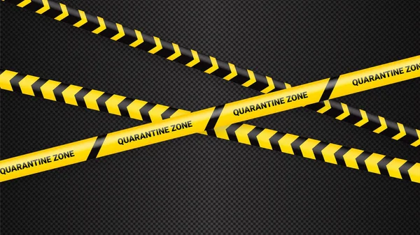 Bande de danger de quarantaine. Ruban d'avertissement jaune Covid 19 et zone de quarantaine. Coronavirus bande de danger covide sur fond transparent foncé. Avertissement de sécurité rayures noires jaunes. — Image vectorielle