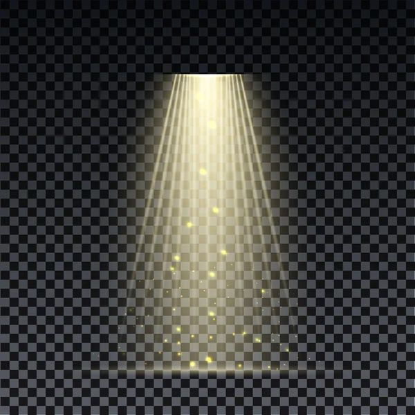 Guld spotlight. Ljus belysning med spotlights av scenen på transparent bakgrund. — Stock vektor