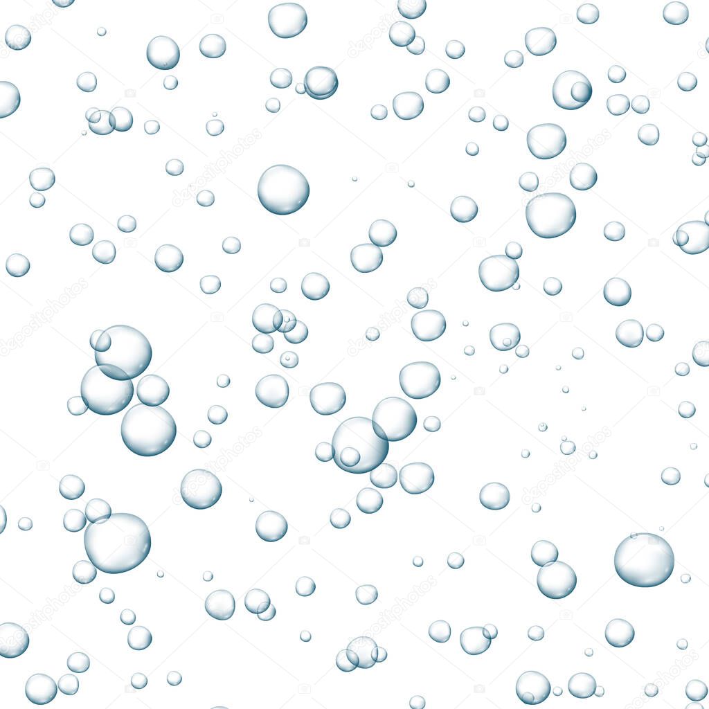 Blue fizzy bubbles. Sparkles underwater stream in water, sea, aquarium. Fizzy pop and effervescent drink. Abstract fresh soda bubbles. Vector illustration.