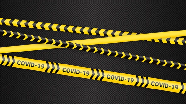 Ταινία κινδύνου καραντίνας. Covid 19 και ζώνη καραντίνας κίτρινη προειδοποιητική ταινία. Coronavirus covid επικίνδυνη λωρίδα σε σκούρο διαφανές φόντο. Προειδοποίηση ασφαλείας κίτρινες μαύρες ρίγες. — Διανυσματικό Αρχείο