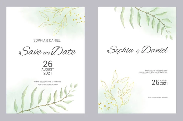 水彩画婚礼请柬绿色海报，邀请。雅致的婚宴请贴上水彩缤纷的绿色和金色花朵元素. — 图库照片