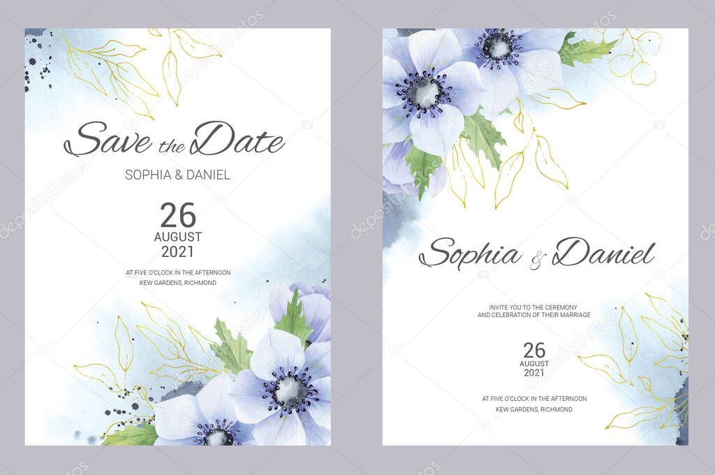Watercolor wedding invitation cards. Floral poster, invite. Elegant wedding invitation with watercolor blue and gold floral elements.