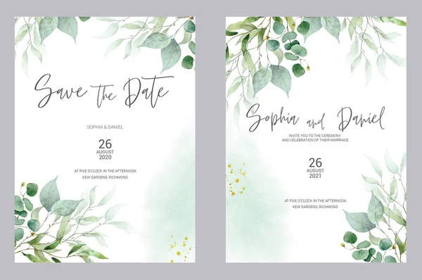 Акварельні весільні запрошення. Зелень плакат, запрошуємо. Елегантне запрошення на весілля з акварельними зеленими і золотими квітковими елементами . — стокове фото