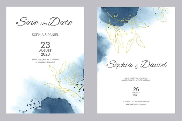 Suluboya düğün davetiyeleri. Çiçek posteri, davet. Suluboya ve altın çiçeklerle süslü zarif bir düğün davetiyesi..