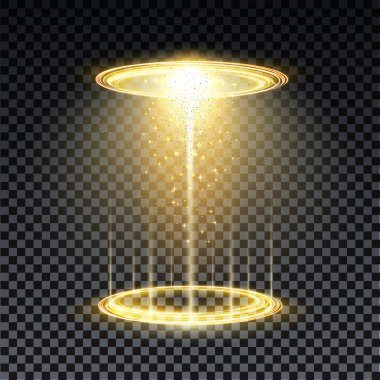 Gold hologram portal. Magic fantasy portal. Magic circle teleport podium with hologram effect. Vector gold glow rays with sparks on transparent background. clipart