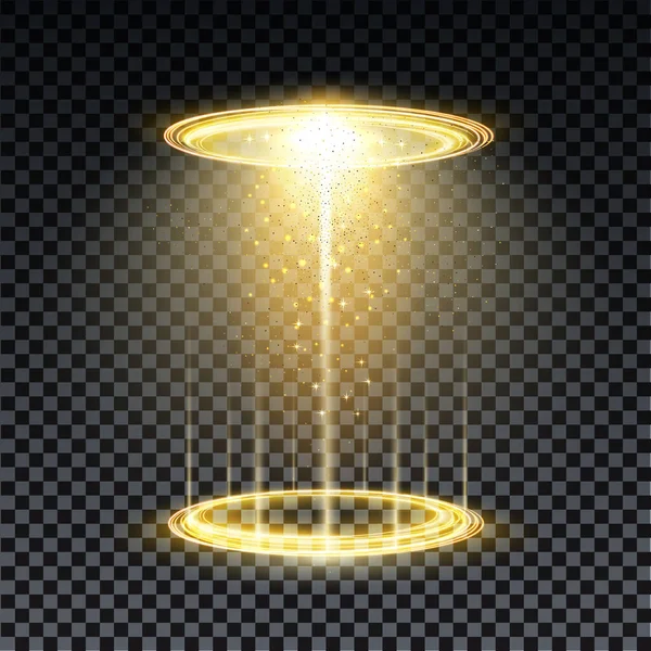 Portal del holograma de oro. Portal de fantasía mágica. Círculo mágico teletransportando podio con efecto holograma. Vector de rayos brillantes de oro con chispas sobre fondo transparente. — Archivo Imágenes Vectoriales