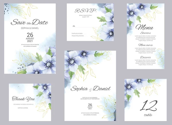 Aquarell Hochzeitseinladungskarten. Florales Plakat, einladen. Elegante Hochzeitseinladung mit Aquarell blau und Gold floralen Elementen. — Stockfoto